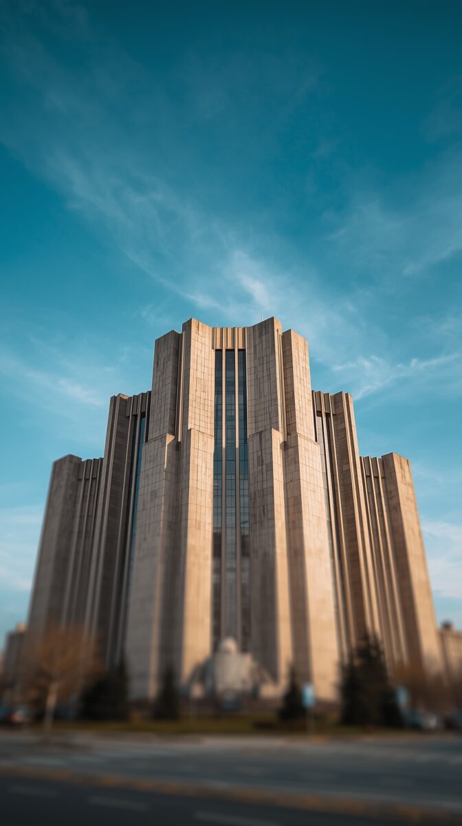 Art deco-style brutalist building with vertical concrete panels rising against bright blue sky with wispy clouds