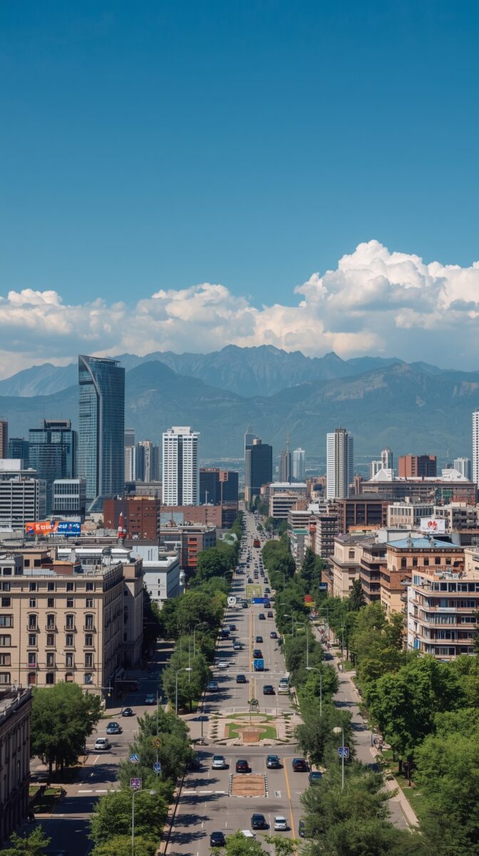Aerial view of downtown Santiago, Chile with tree-lined avenue leading to modern skyscrapers against backdrop of Andes mountains