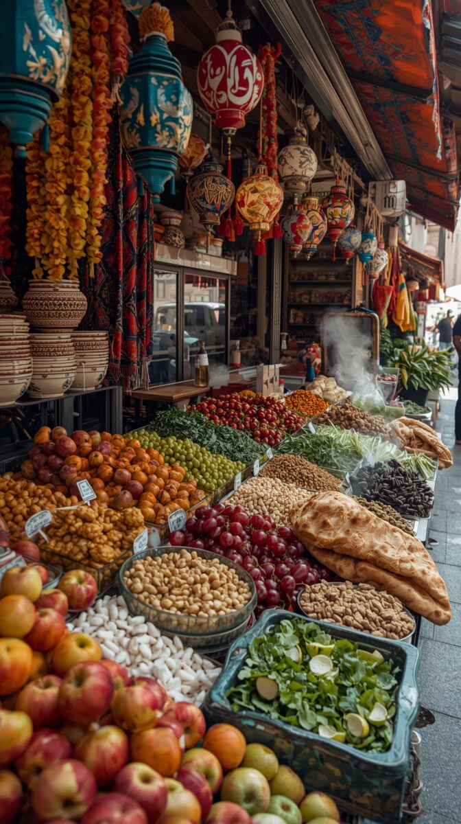Middle Eastern market stall displaying fresh produce, nuts, and lanterns with colorful decorative lamps hanging overhead