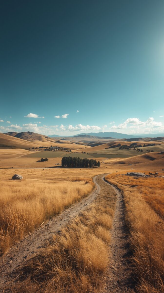 Winding dirt path through golden grasslands with rolling hills, scattered trees, and mountains under blue sky with white clouds