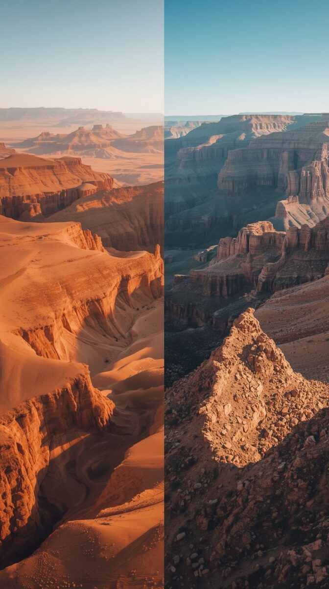 Split-screen comparison of Mars-like desert landscape and Grand Canyon, showing dramatic rock formations and canyons