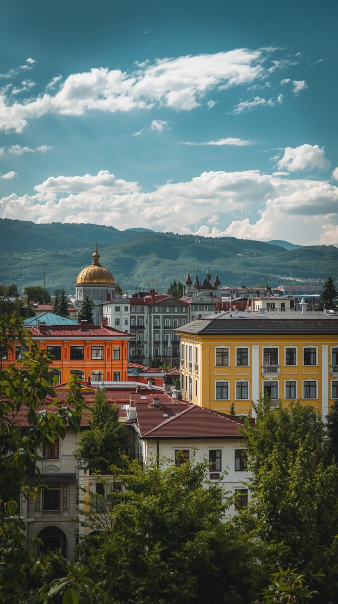 Colorful European cityscape with orange and yellow buildings, golden dome, red rooftops against mountains and blue cloudy sky