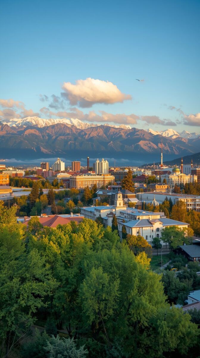 Cityscape of Missoula, Montana with snow-capped Rocky Mountains in background, autumn trees in foreground during golden hour