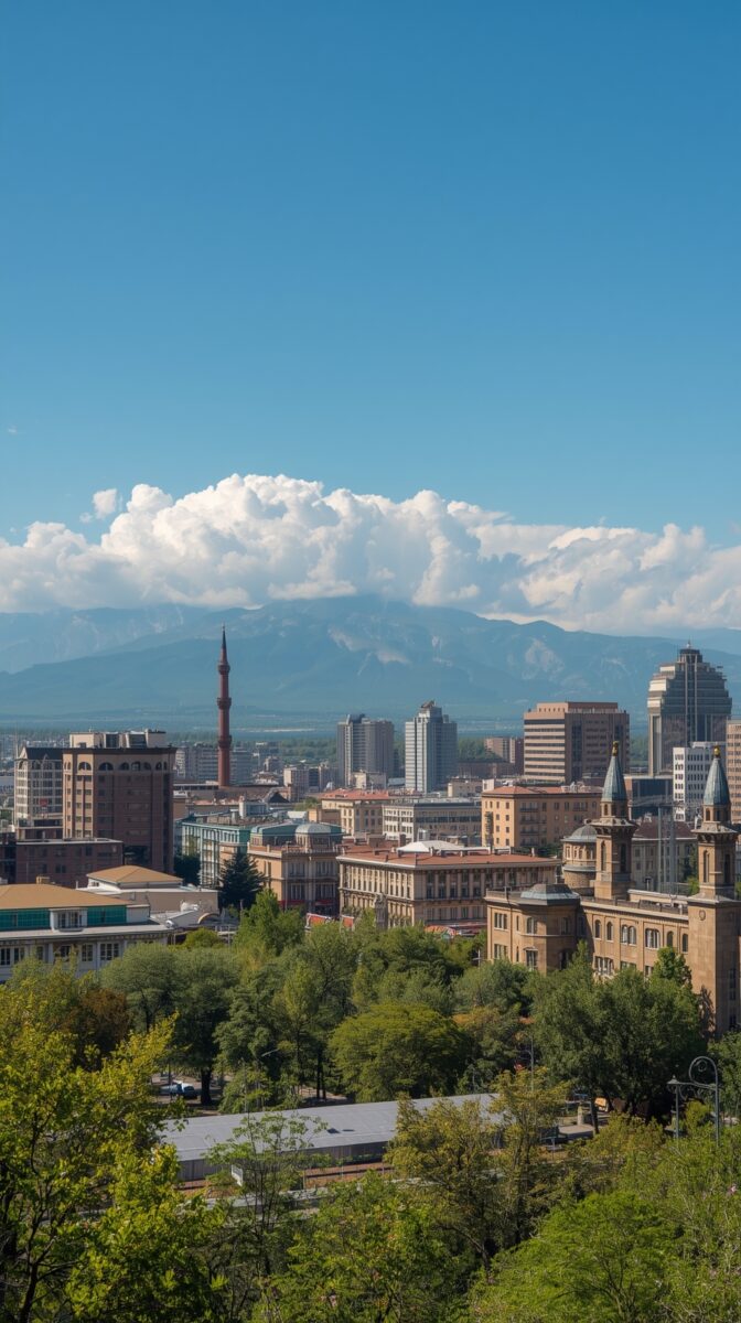 Downtown Salt Lake City skyline with mountains and clouds in background, featuring historic buildings and modern skyscrapers