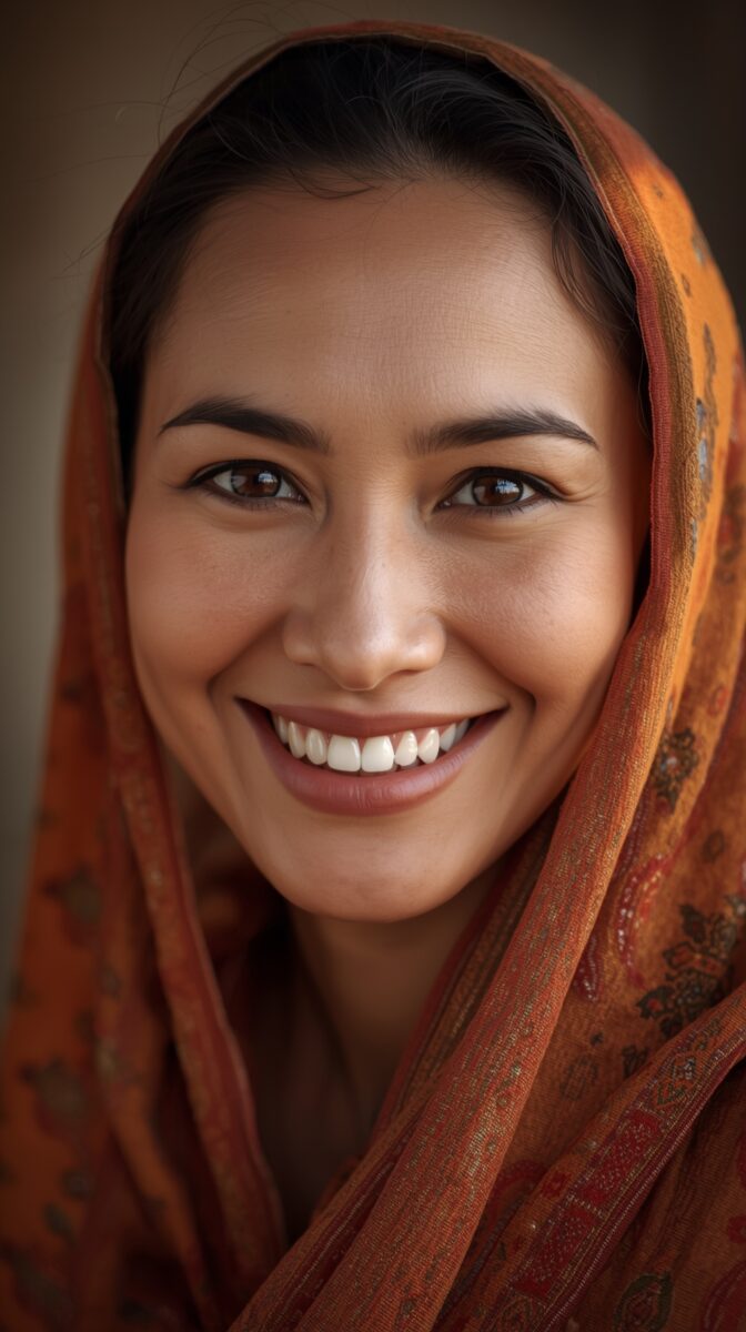 Portrait of someone wearing an orange and red patterned headscarf, showing a bright smile against a neutral background