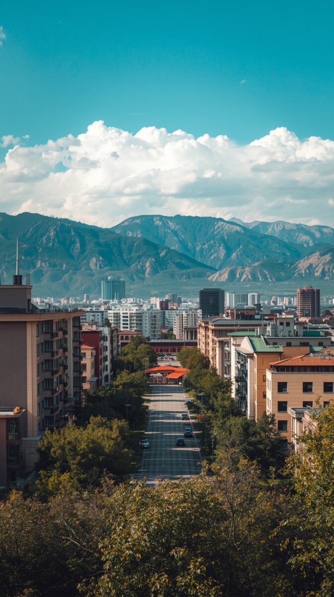 Urban cityscape of Almaty, Kazakhstan with tree-lined street leading to snow-capped Tian Shan mountains under blue sky and clouds