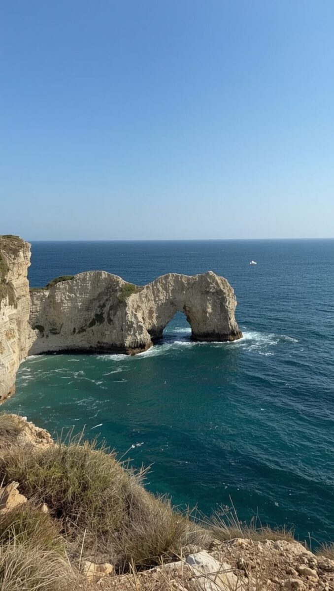 White chalk coastal cliffs with a natural rock arch over turquoise sea water under a clear blue sky