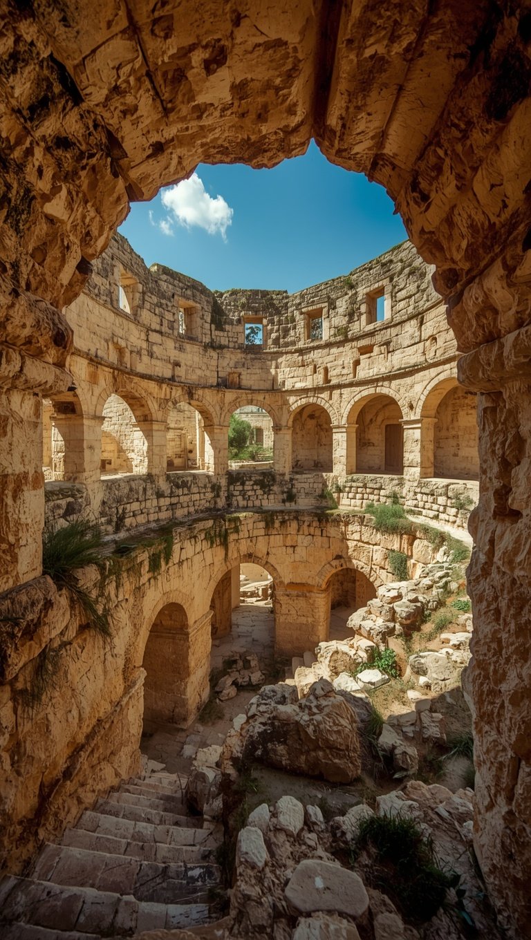 Interior ruins of an ancient Roman amphitheater with multi-tiered stone arches, collapsed walls, and open sky above