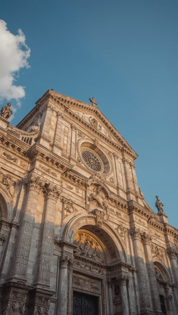 Low-angle view of ornate Baroque church facade with rose window, statues, and arched entrance against blue sky