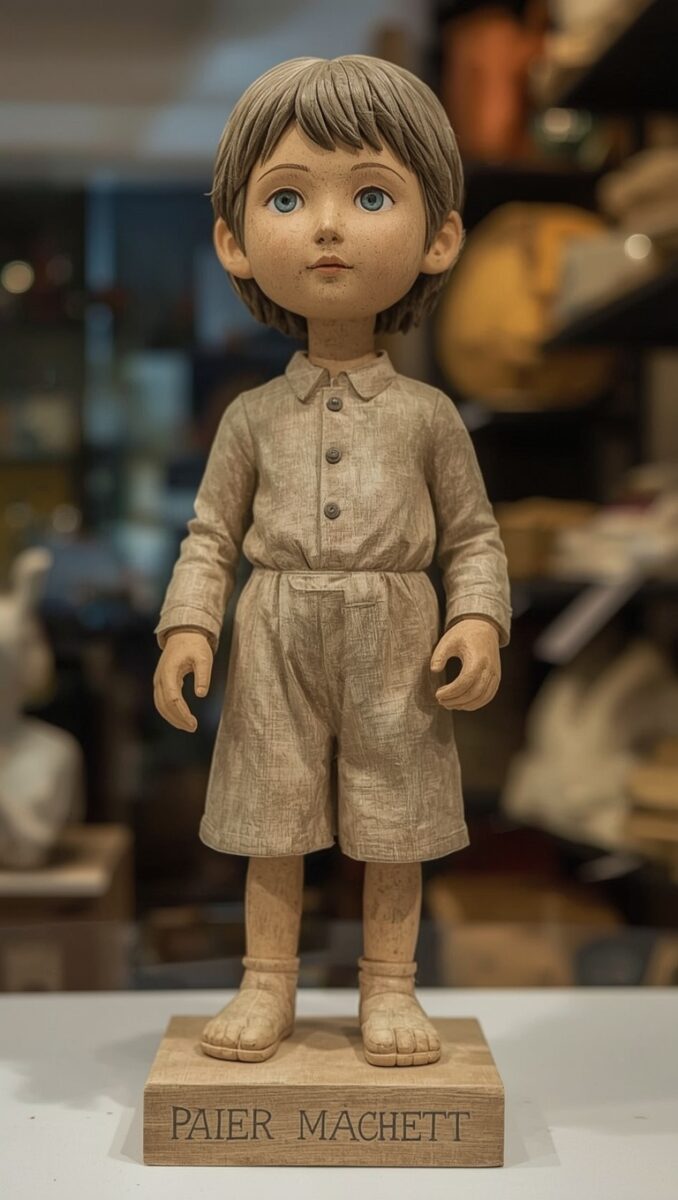 Detailed papier-mâché figurine of a young boy with blue eyes in beige outfit on wooden base labeled Paier Machett