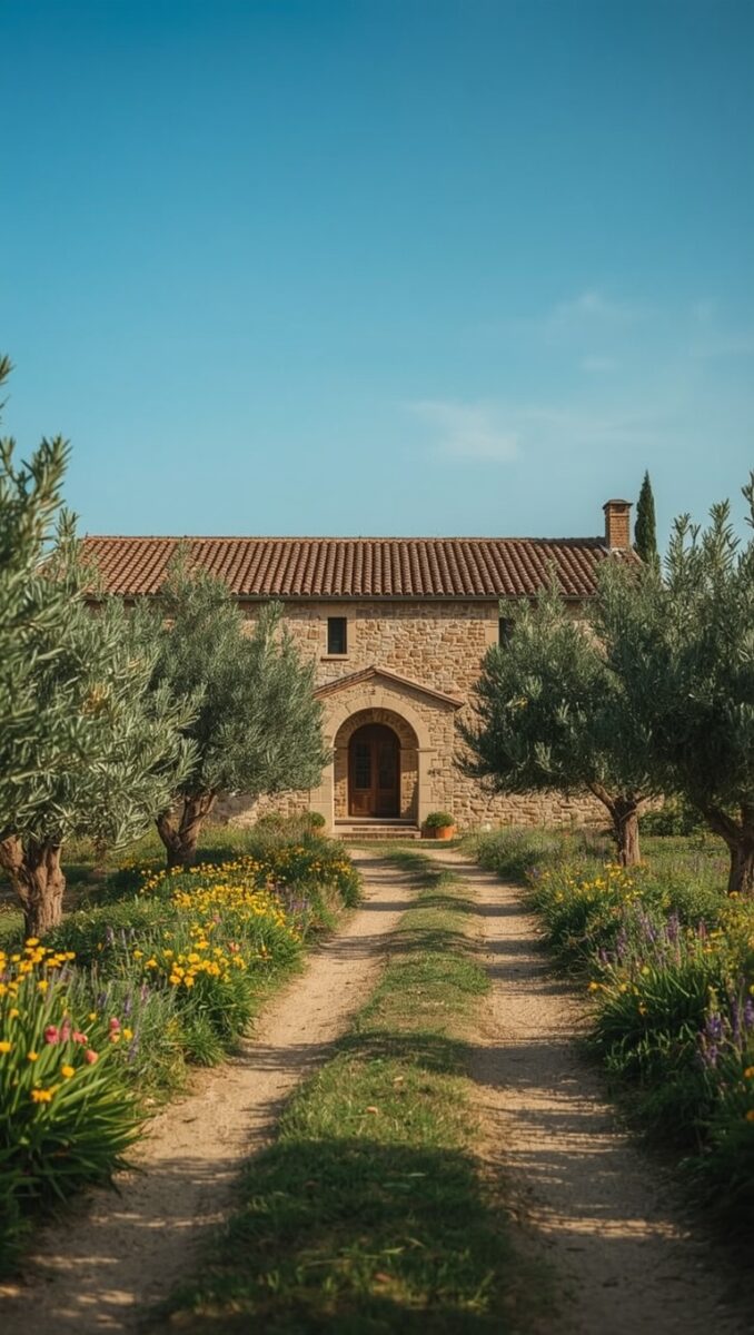 Rustic stone farmhouse with arched wooden door, olive trees lining a dirt path, and colorful wildflowers