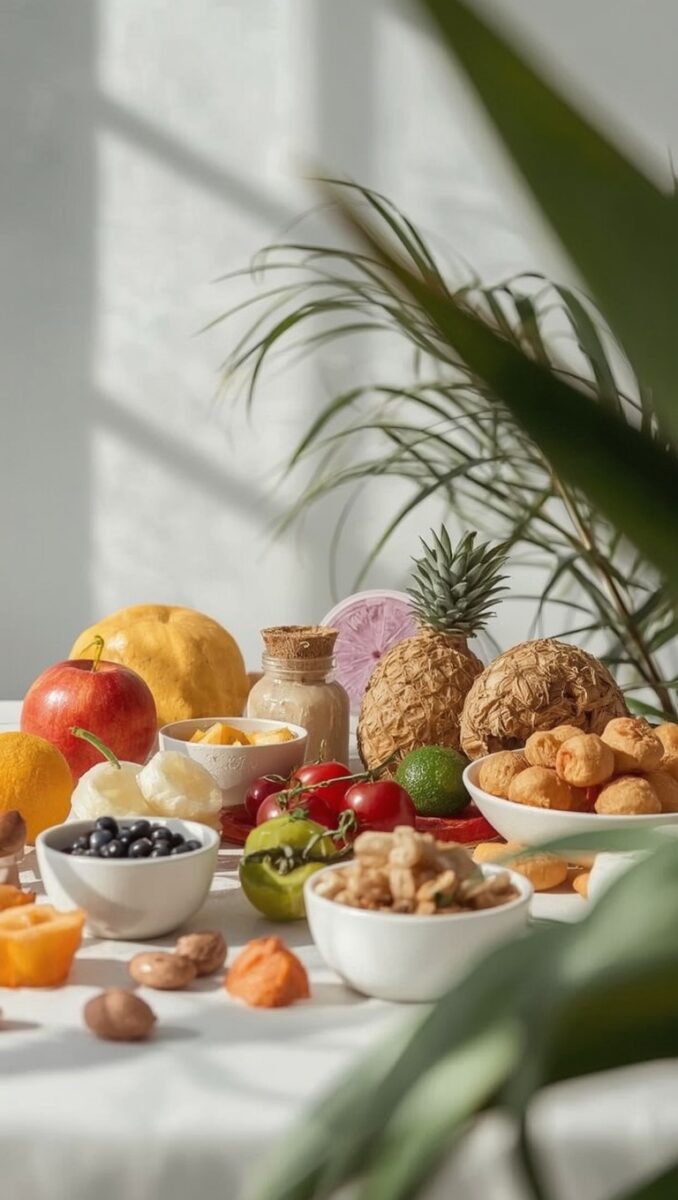 Colorful spread of fresh fruits, nuts, and snacks including pineapple, apple, blueberries, tomatoes, and dried fruits on white table