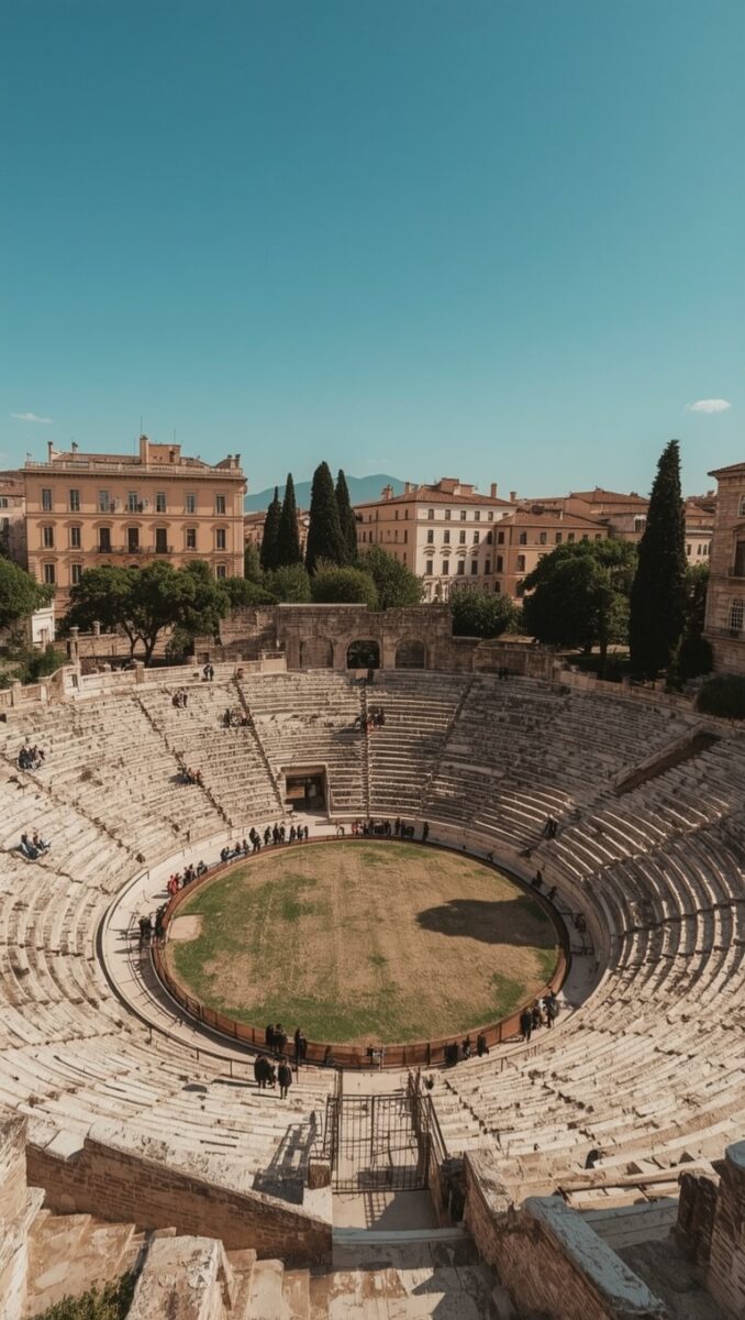 Aerial view of a Roman amphitheater with stone seating tiers, grassy arena floor, and Italian cityscape backdrop