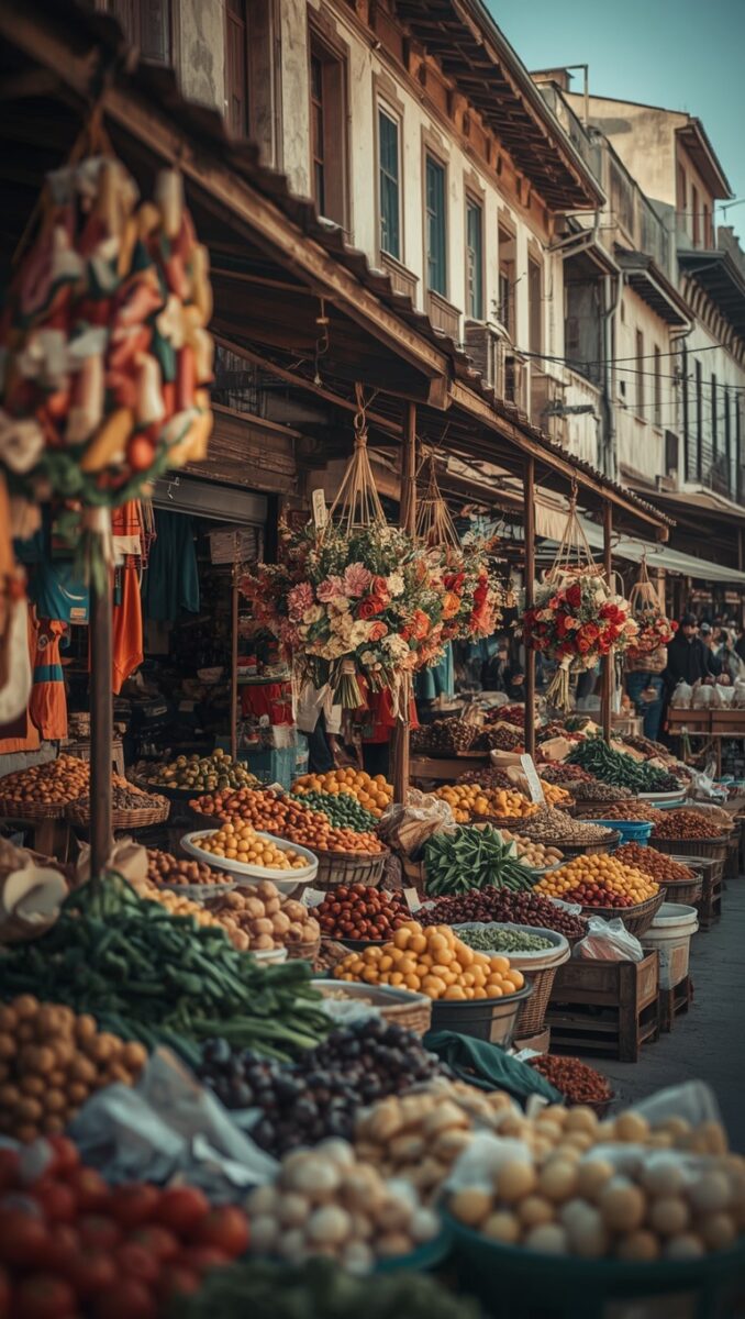 Colorful outdoor market stalls overflowing with fresh fruits, vegetables, and hanging flower bouquets along a historic street