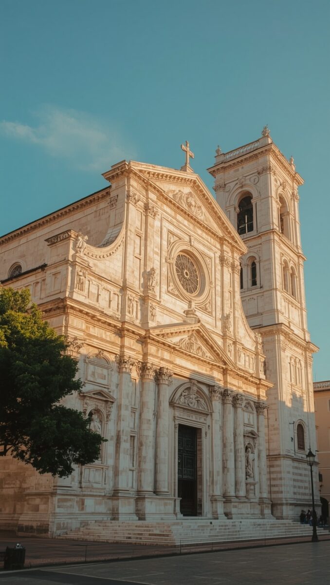 Baroque Italian cathedral with white stone facade, rose window, bell tower, and cross under blue sky