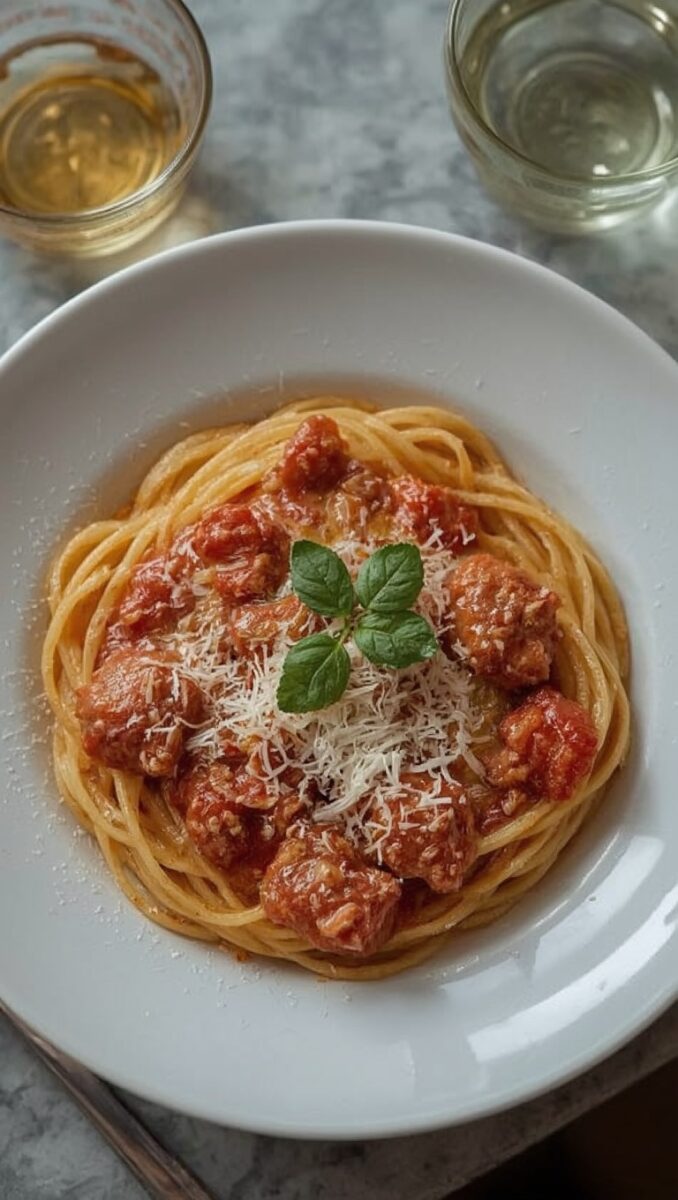Spaghetti bolognese with rich tomato meat sauce, grated Parmesan cheese, and fresh basil garnish in white bowl