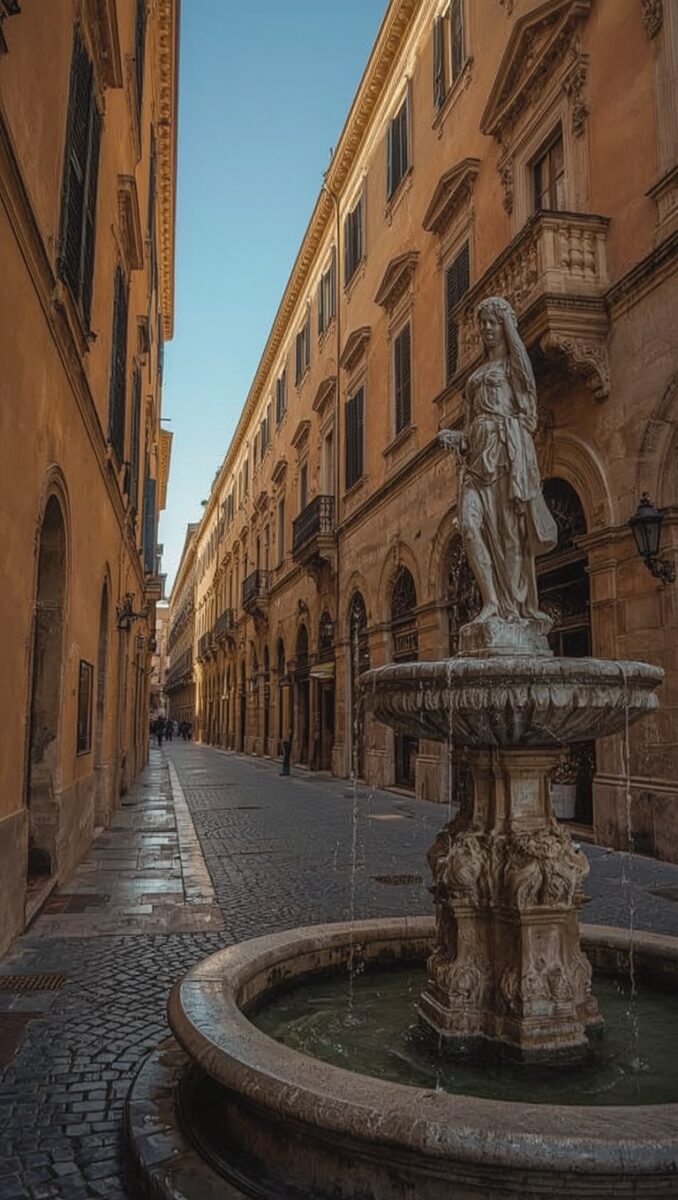 Baroque marble fountain with female statue on cobblestone street lined with golden Italian buildings