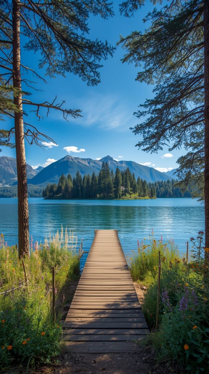 Wooden dock on mountain lake with evergreen trees, wildflowers, and snow-capped peaks in background under blue summer sky