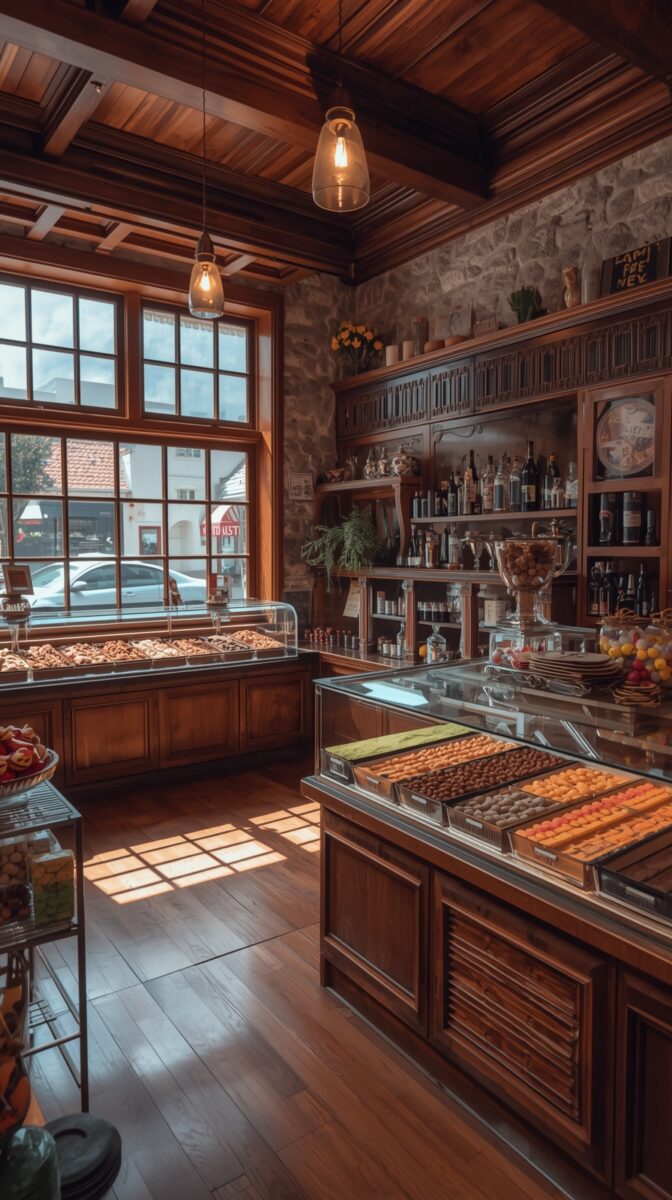 Vintage bakery interior with wooden display cases, stone walls, glass pendant lights, and assorted pastries in glass cases