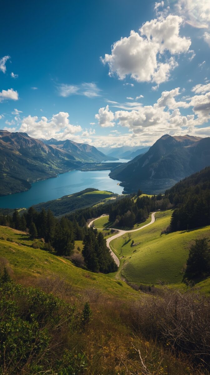 Winding mountain road leading to alpine lake surrounded by mountains, with dramatic clouds and blue sky above