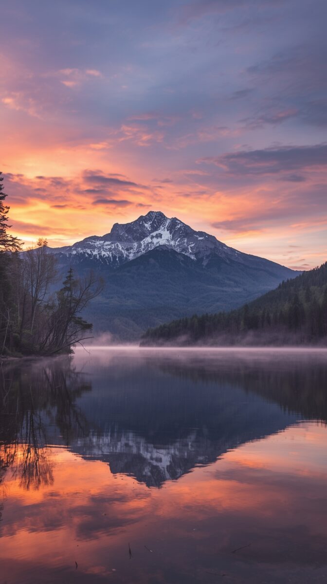 Snow-capped mountain peak reflected in calm lake at sunset with pink and purple sky and misty shoreline