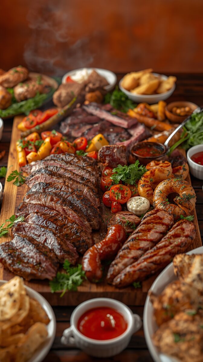 Grilled meat platter with sliced steak, sausages, roasted vegetables, dipping sauces, and garnishes on wooden board