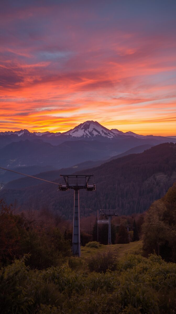 Ski lift towers silhouetted against dramatic sunset sky with snow-capped Mount Baker in background and pink-orange clouds