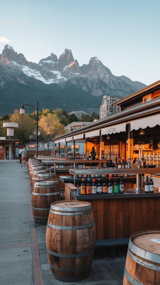 Mountain-view bar with wooden barrels and beer bottles, snow-capped peaks in background, outdoor seating area at dusk