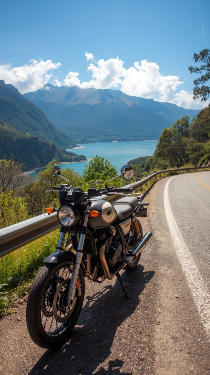 Motorcycle parked on mountain road overlooking turquoise alpine lake with mountains and white clouds in background