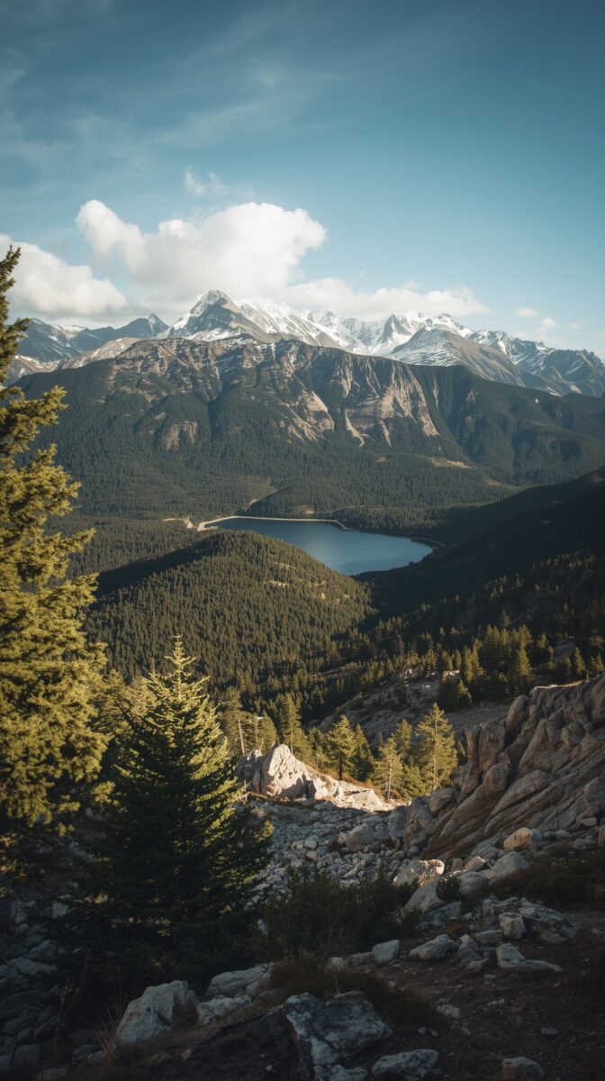 Snow-capped mountain peaks overlooking a blue alpine lake surrounded by dense evergreen forest and rocky terrain