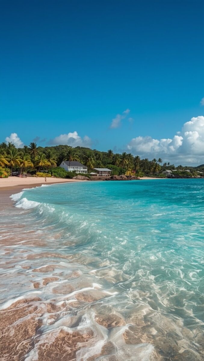 Crystal-clear turquoise waves washing onto a sandy Caribbean beach with palm trees and white buildings in background