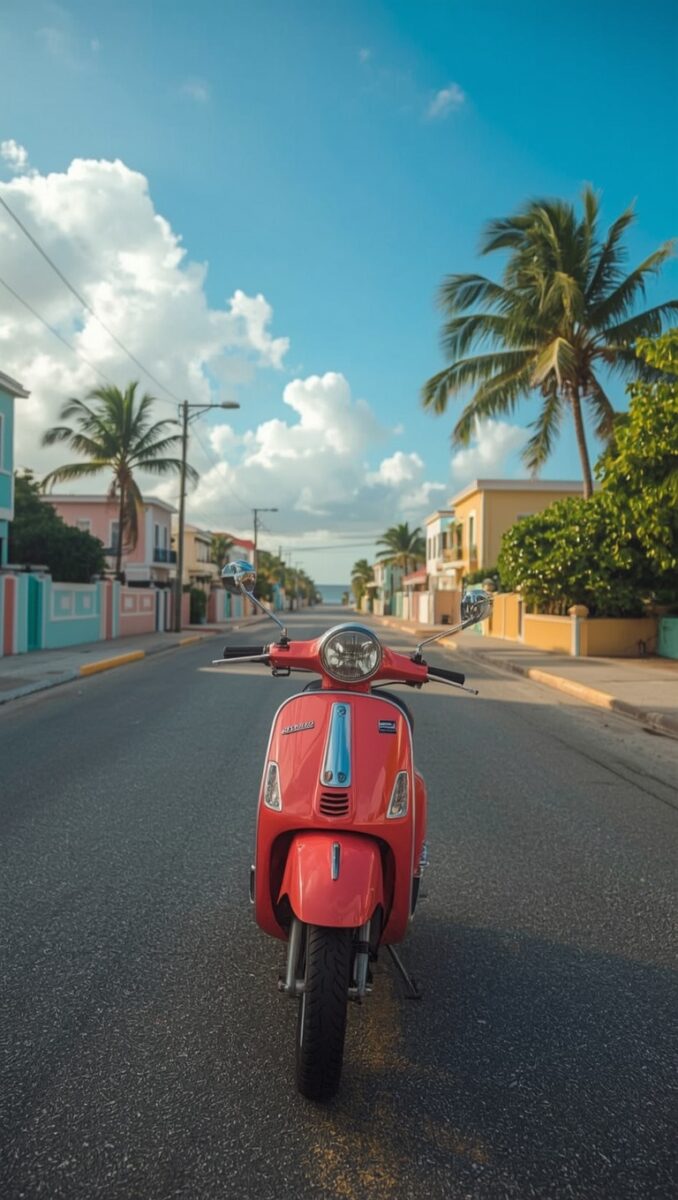 Red Vespa scooter parked on a tropical street lined with colorful buildings and palm trees leading to the ocean