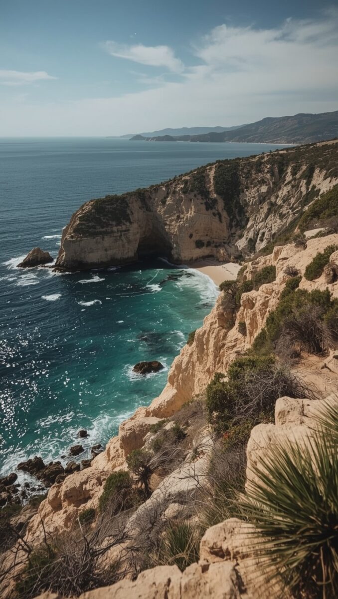 Dramatic coastal cliffs overlooking turquoise ocean with a secluded sandy cove and natural rock arch