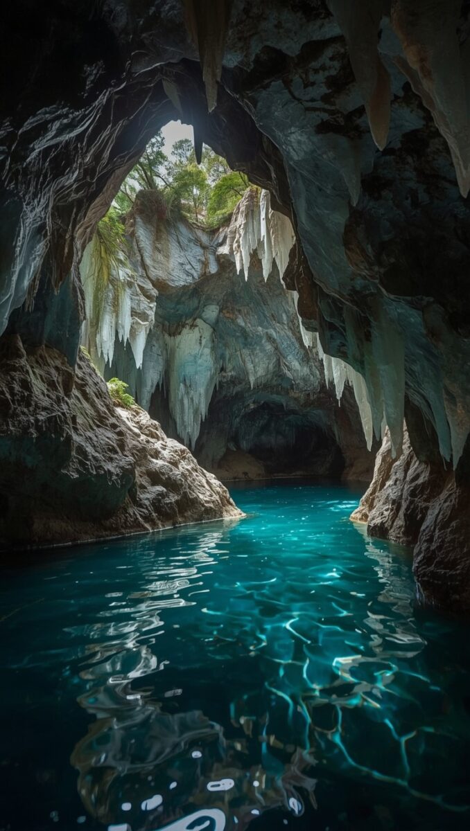 Turquoise underground river flowing through a limestone cave with stalactites and natural skylight opening
