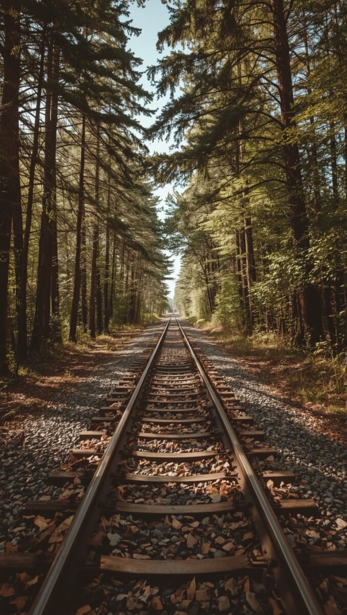 Railroad tracks running straight through a dense pine forest with dappled sunlight and fallen leaves on gravel