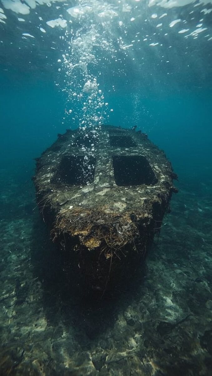 Corroded shipwreck resting on ocean floor with air bubbles rising toward sunlit water surface