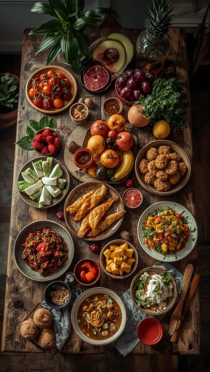 Overhead view of a rustic wooden table covered with an abundant spread of colorful fruits, vegetables, cooked dishes, soups, and fried foods