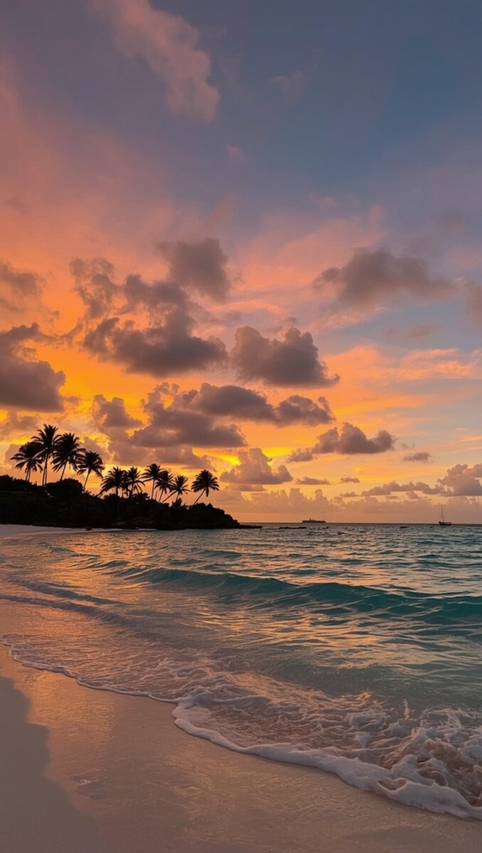 Tropical beach sunset with palm tree silhouettes, turquoise waves, white sand, and vibrant orange-pink sky