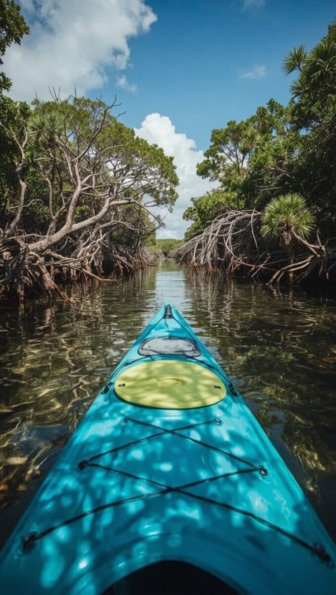 Blue kayak bow gliding through a narrow mangrove tunnel waterway with lush green trees and clear shallow water