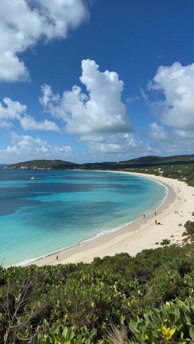 Panoramic view of a curved white sand beach with turquoise Caribbean waters, lush green hills, and scattered beachgoers