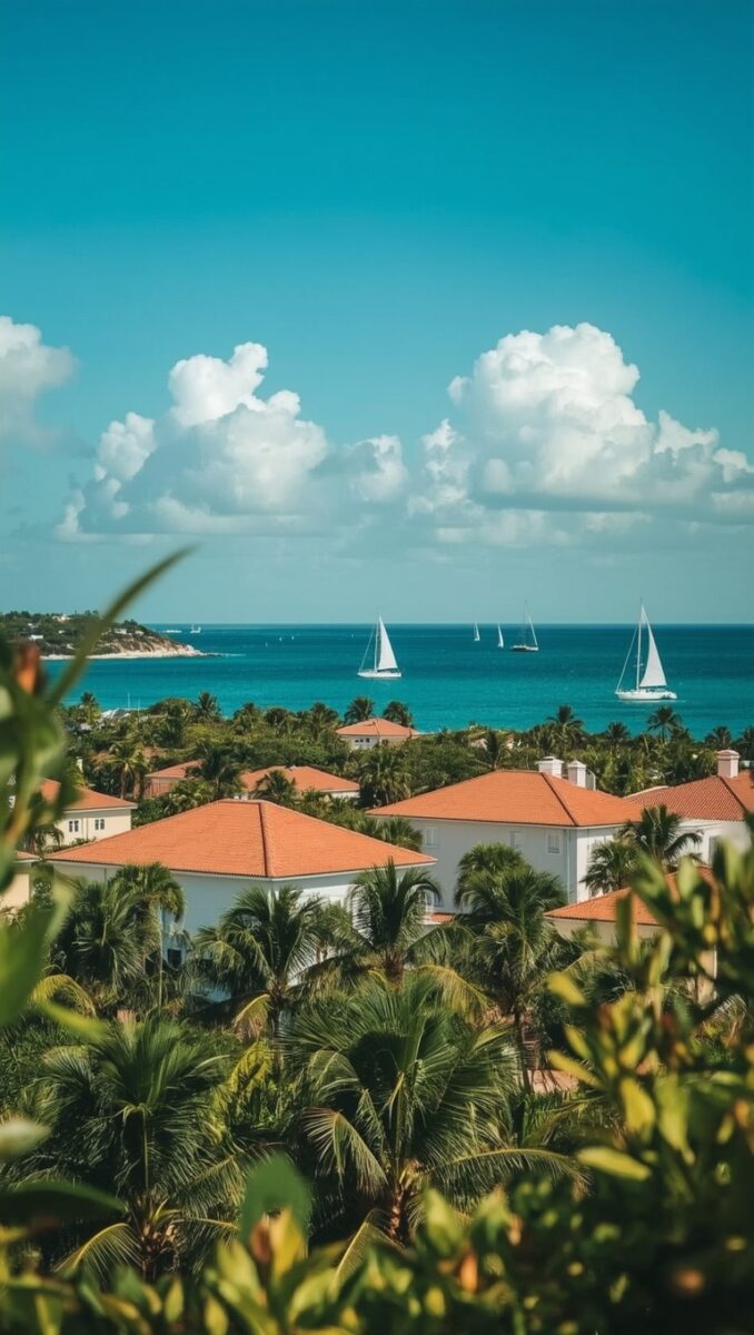 Tropical Caribbean coastal town with white villas, red-tile roofs, palm trees, and sailboats on turquoise water