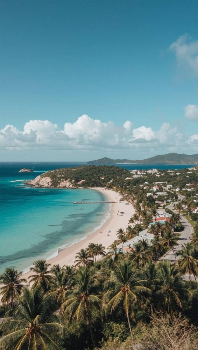 Aerial view of a turquoise Caribbean beach with white sand, palm trees, and a small coastal town