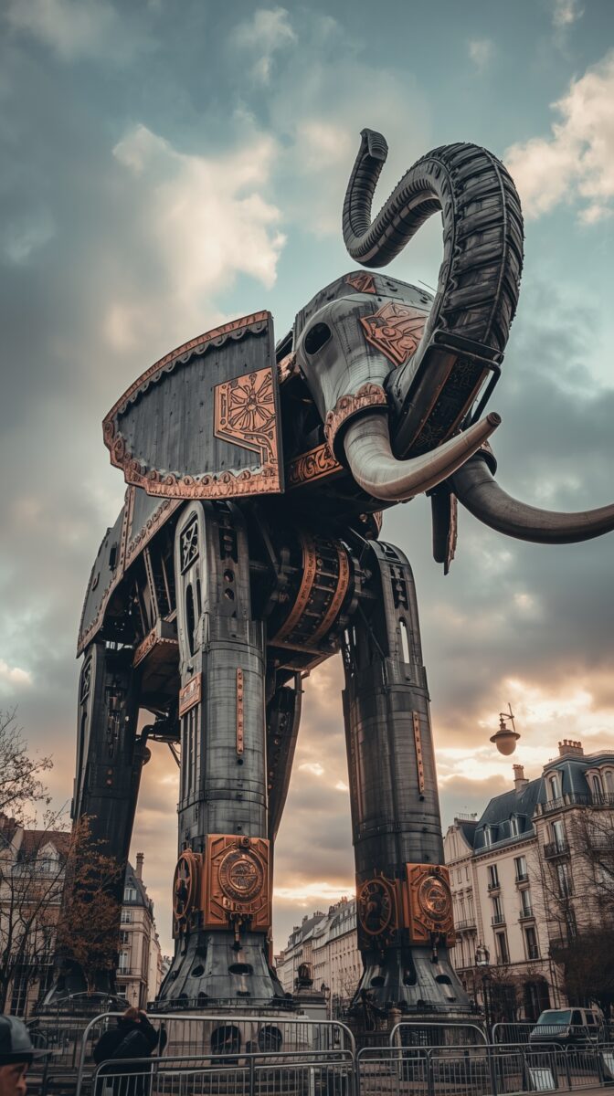 Giant steampunk mechanical elephant sculpture in copper and steel, towering over Parisian buildings at sunset with dramatic clouds