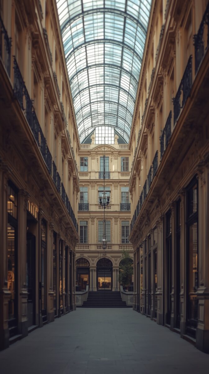 Historic European shopping arcade with glass ceiling, cream stone walls, and ornate architecture leading to arched entrance