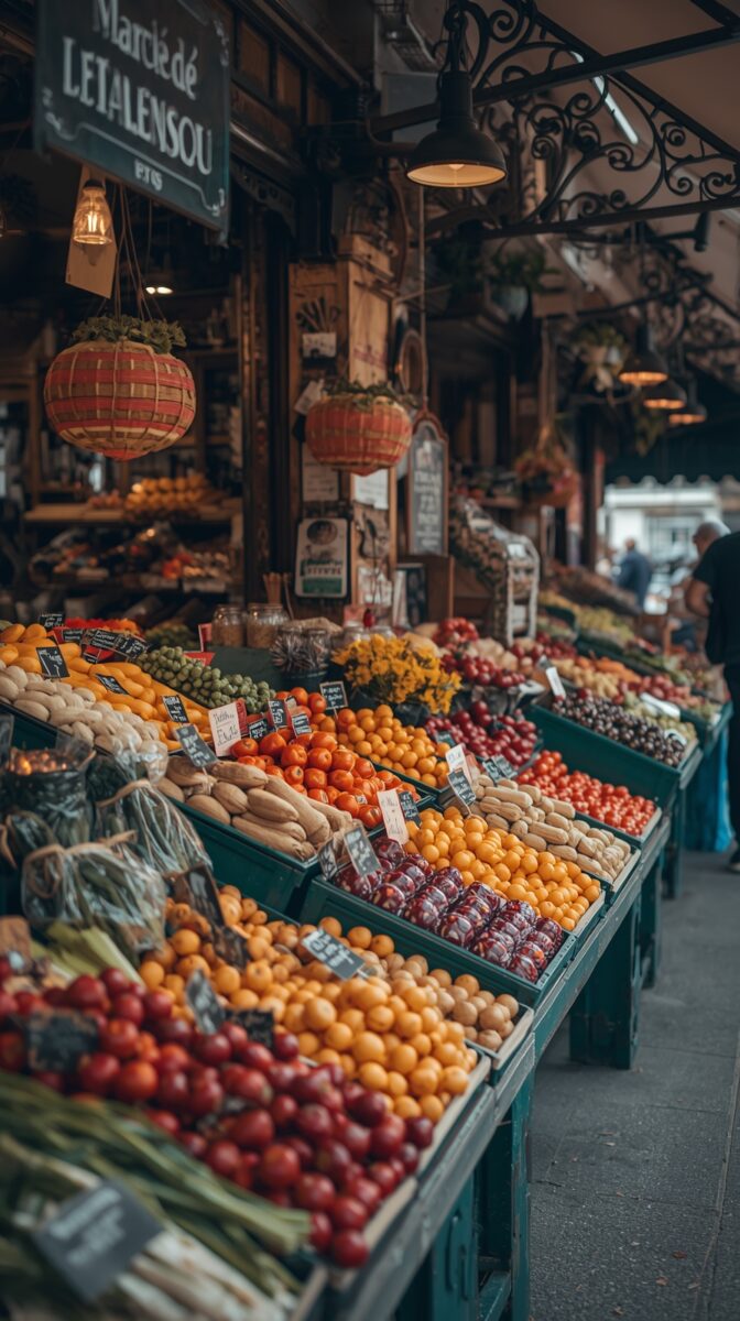 Fresh produce display at French market stall with oranges, apples, and hanging baskets under 'Marché de Lelalensou' sign
