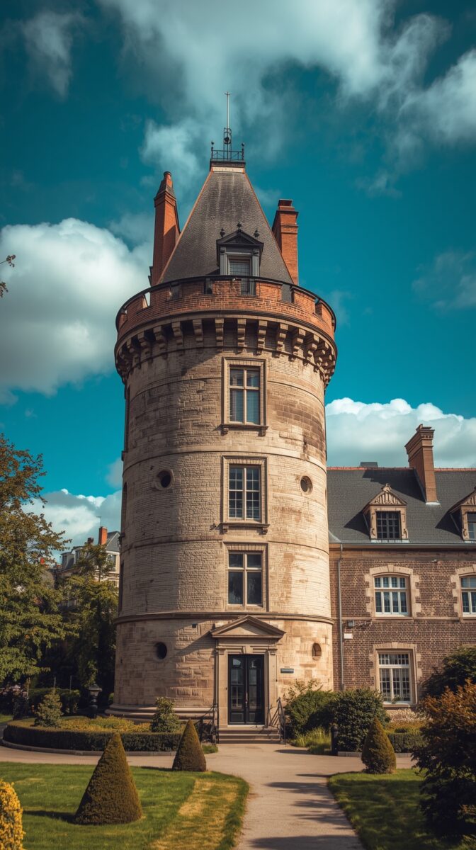 Tall stone tower with conical roof and brick chimneys, featuring multiple windows and decorative corbels, set in manicured garden