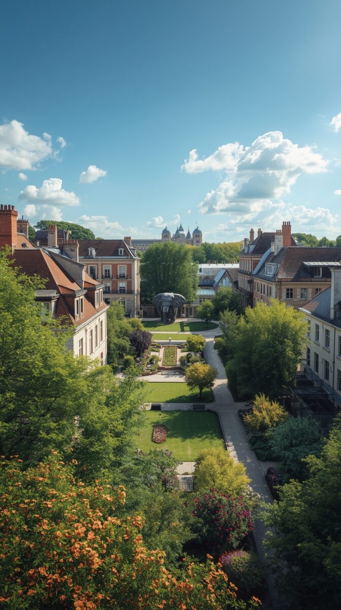 Aerial view of a French garden courtyard with manicured lawns and paths between historic buildings, domed cathedral in background