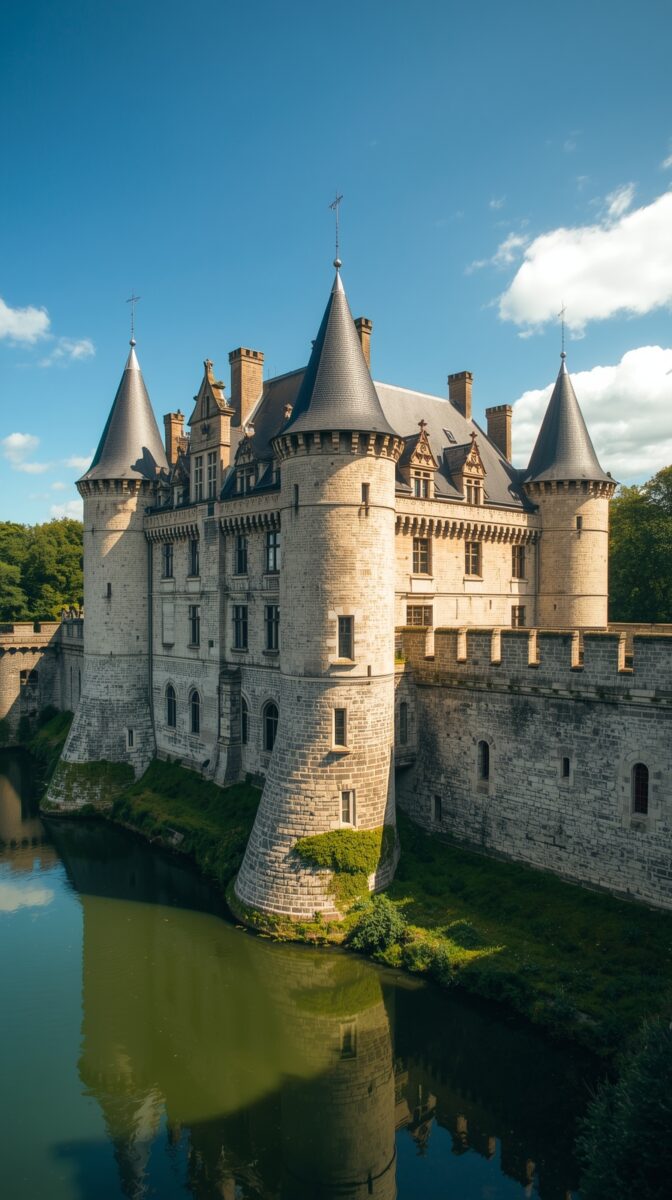 Medieval French castle with four pointed towers and stone walls reflected in moat water under blue sky with white clouds