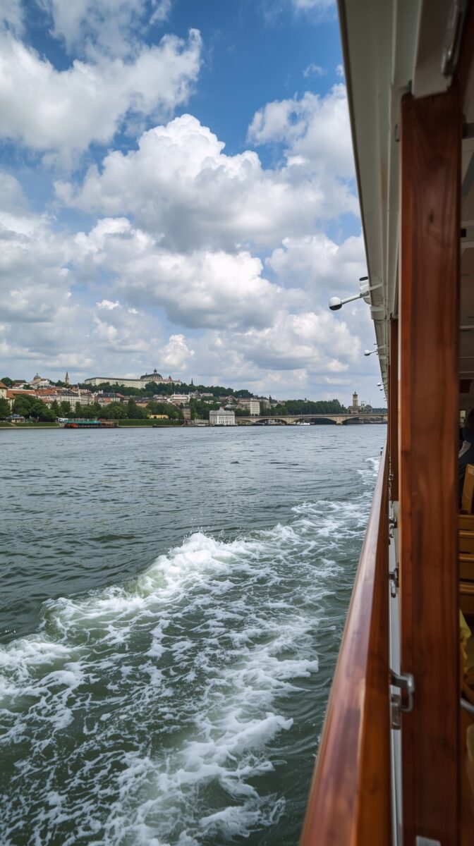 View from boat on Vltava River in Prague showing cityscape, historic buildings, bridge, and churning wake water behind vessel