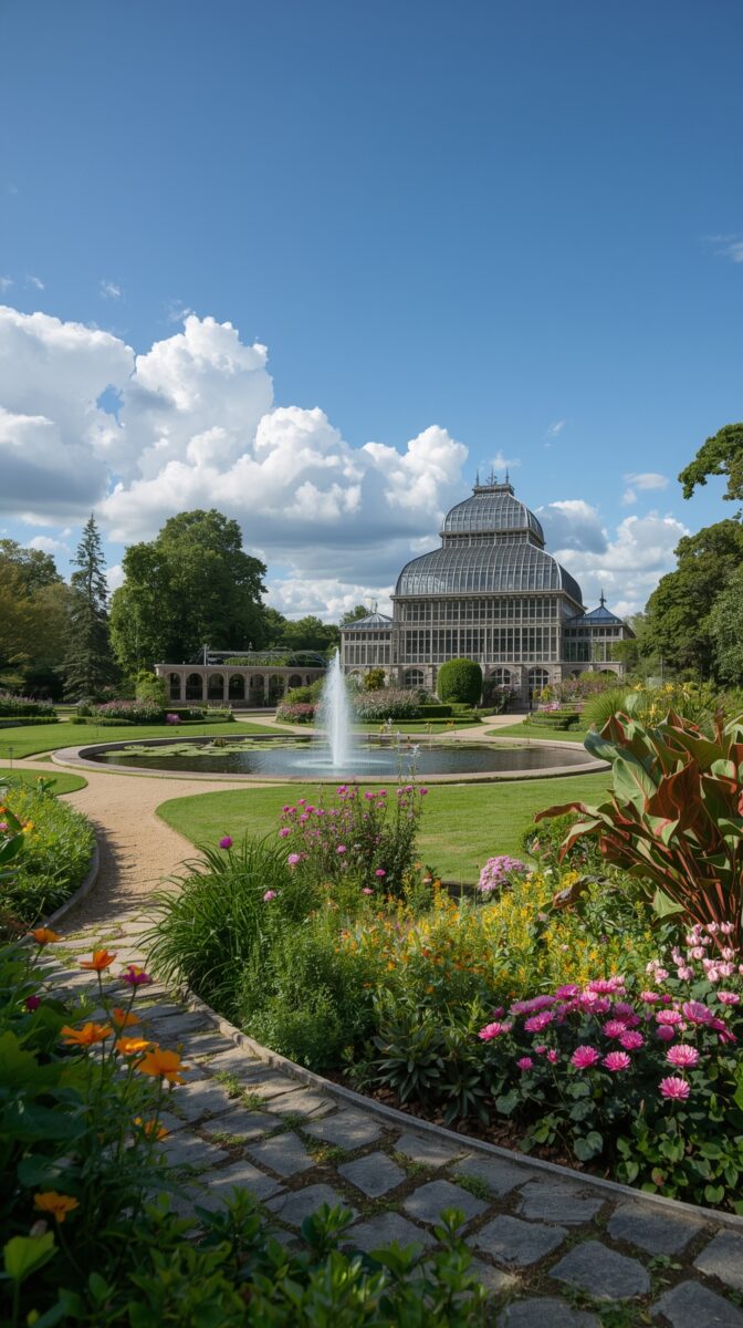 Victorian-style glass conservatory with fountain and colorful flower gardens at Sefton Park Palm House in Liverpool on sunny day